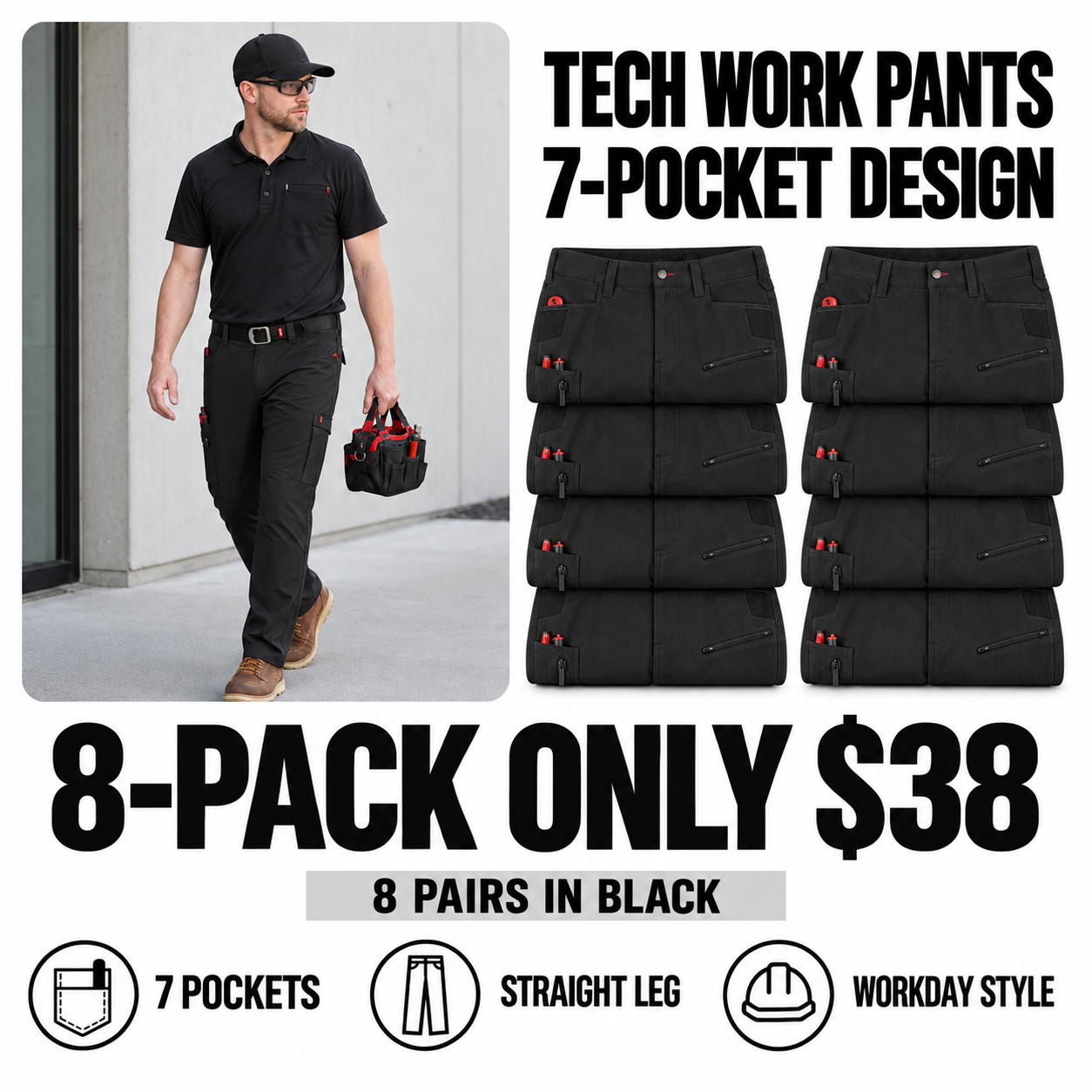 black 8-piece tech work pants main image