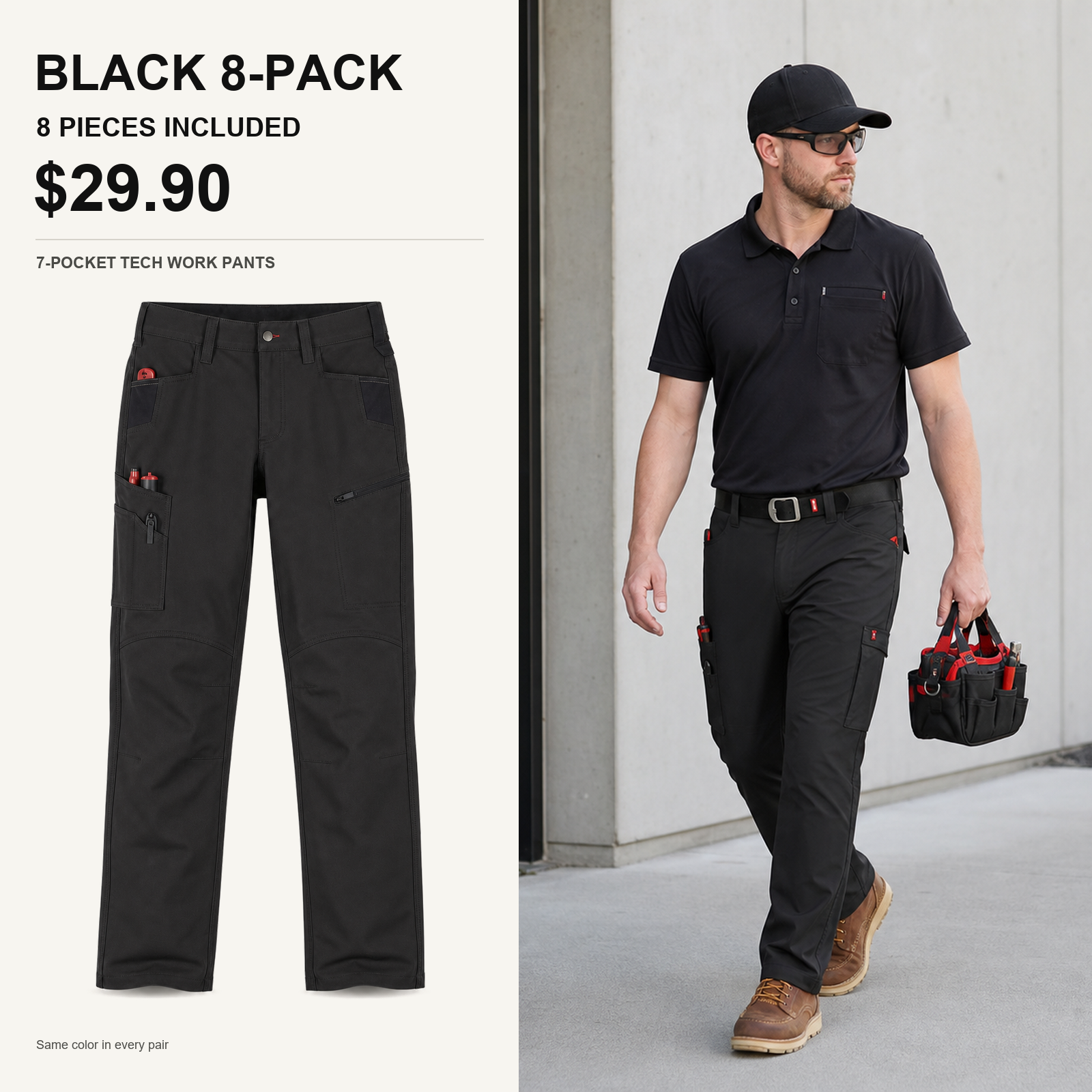 black 8-piece tech work pants main image