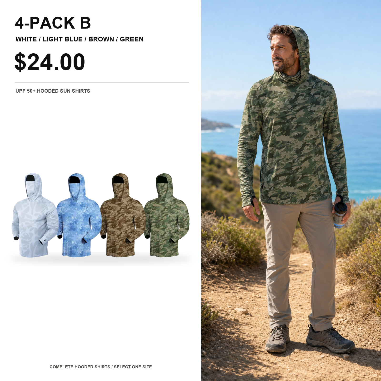 Four-pack B UPF 50 hooded camo sun shirts main image