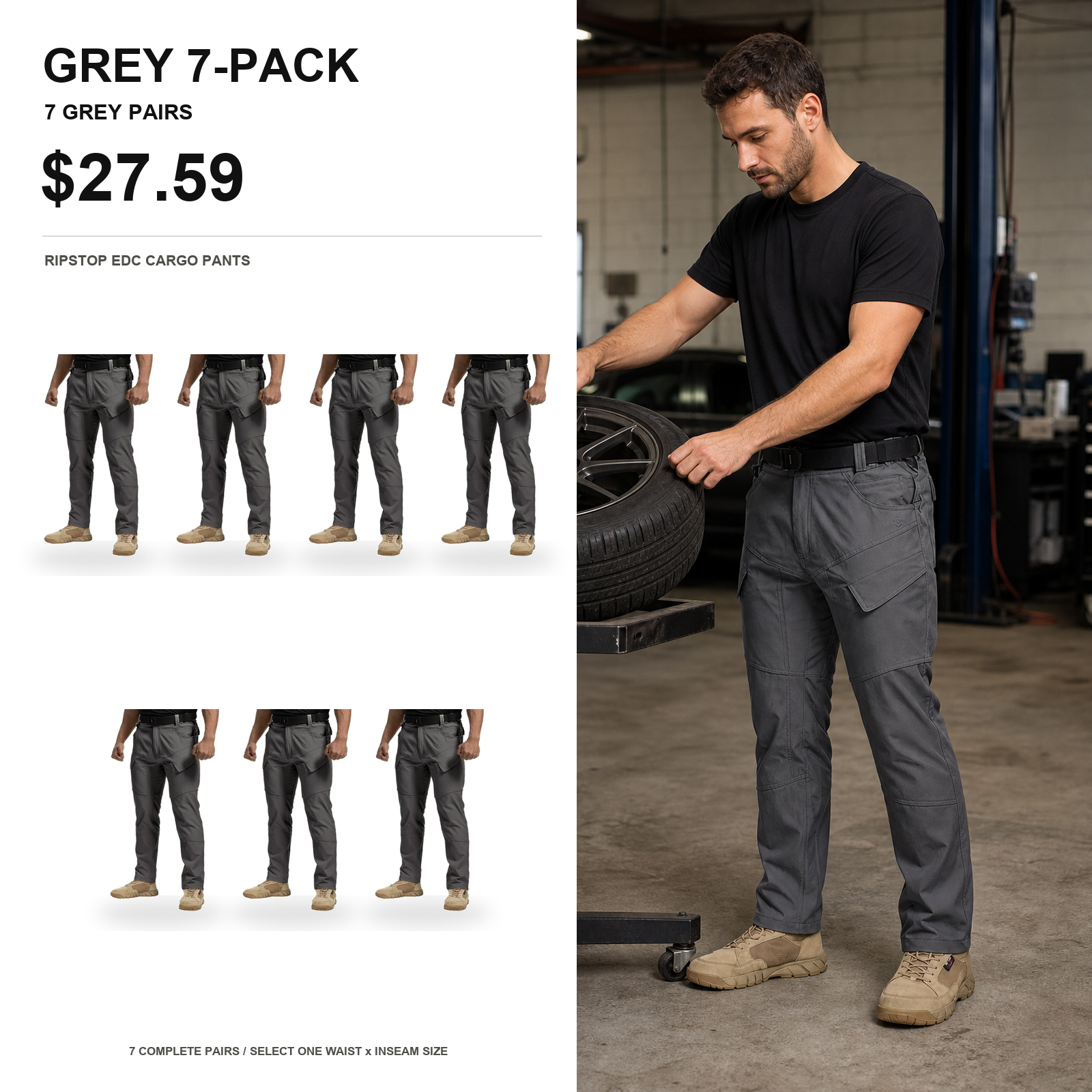 Grey 7-pack tactical ripstop EDC cargo pants main image