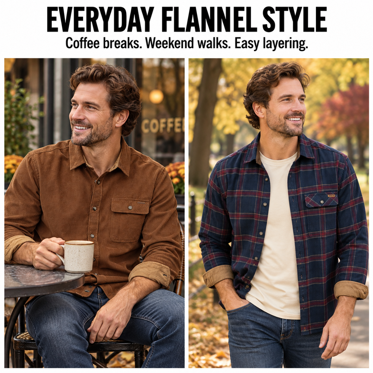 Cotton flannel shirts for coffee breaks and weekend walks