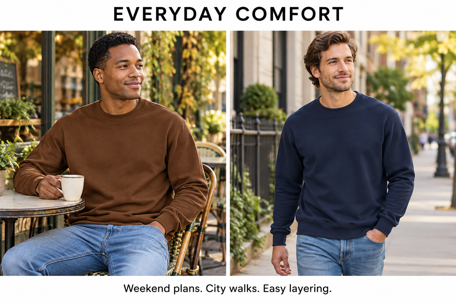 Brown and navy crewneck sweatshirts for cafe visits and city walks