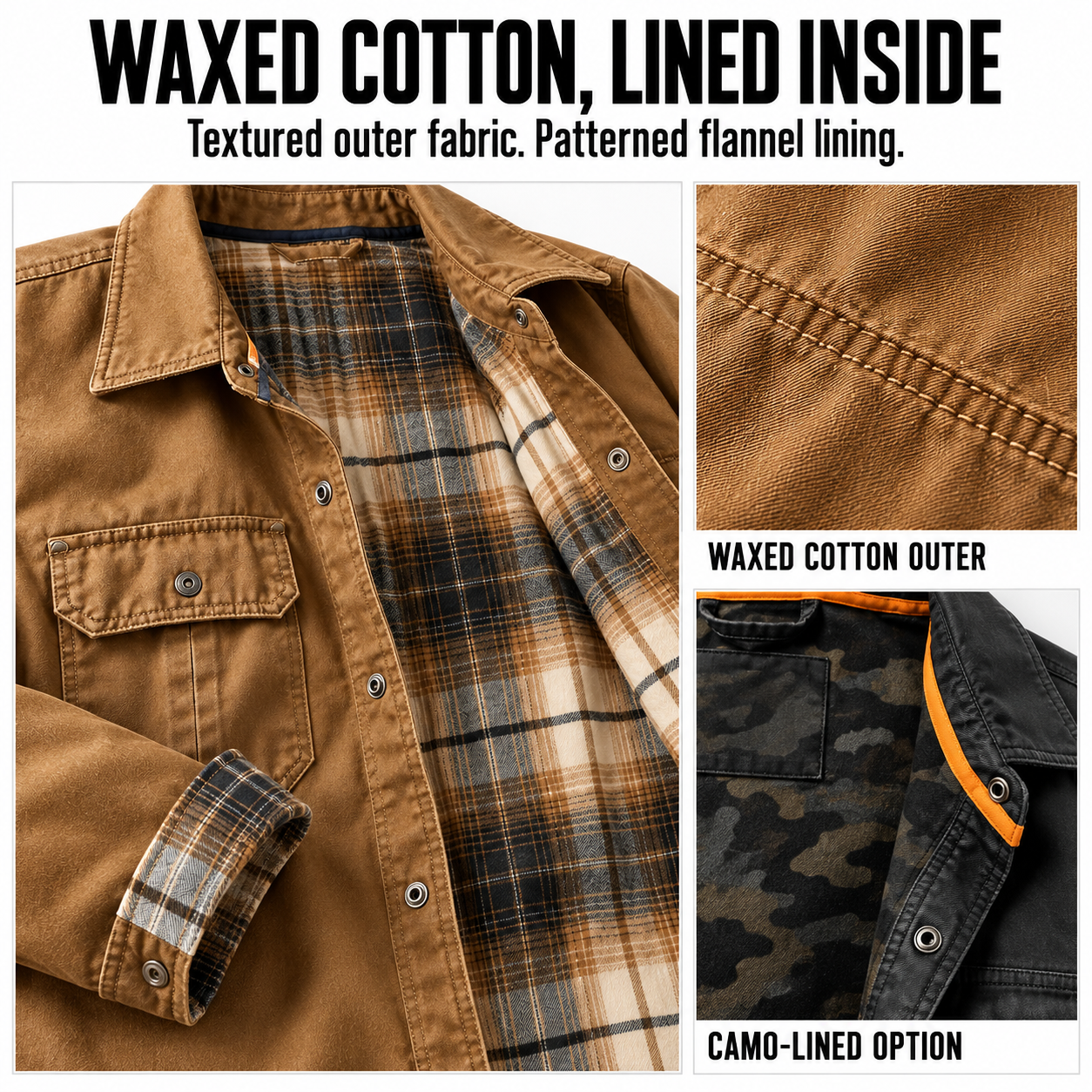 Waxed cotton outer and patterned flannel lining