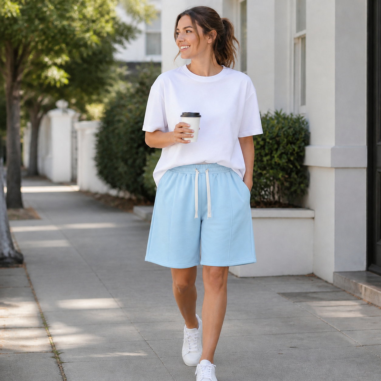 Sky blue cotton jersey lounge shorts single piece on female model