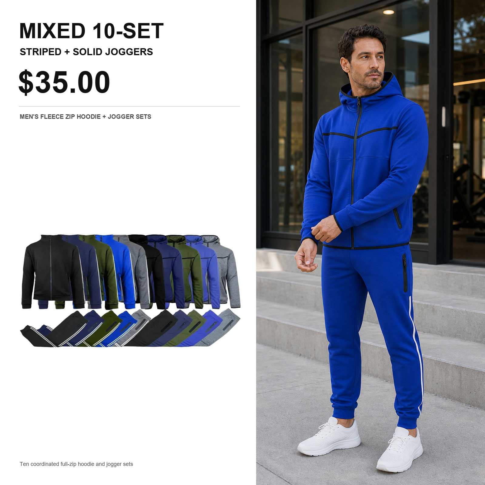mixed 10-set striped and solid fleece hoodie jogger main image