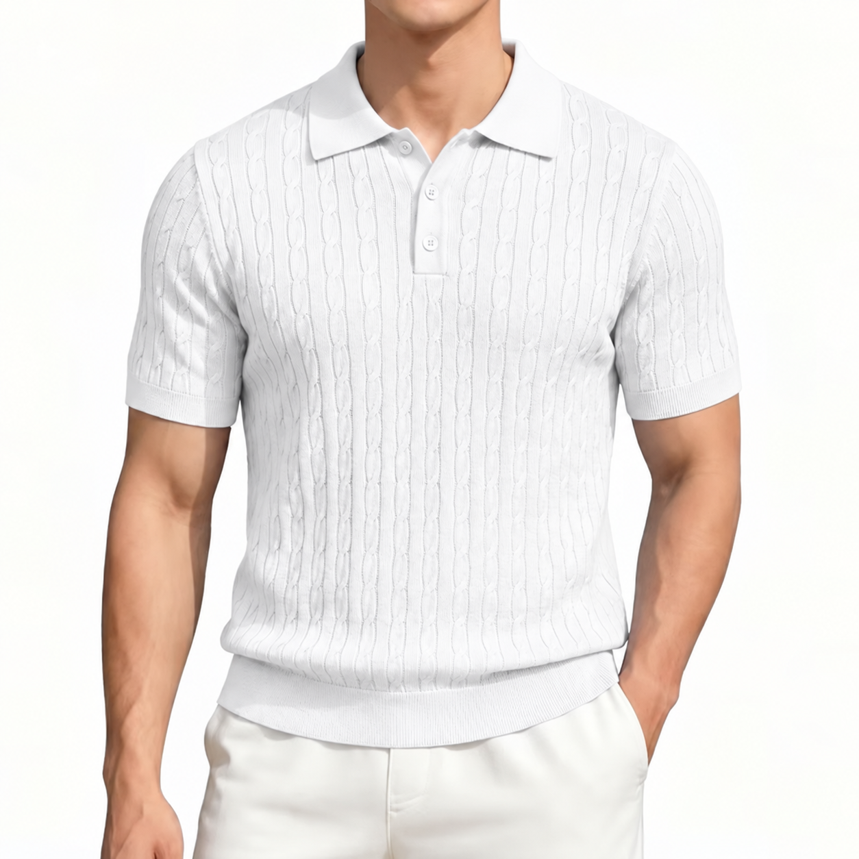 White short sleeve cable knit polo shirt