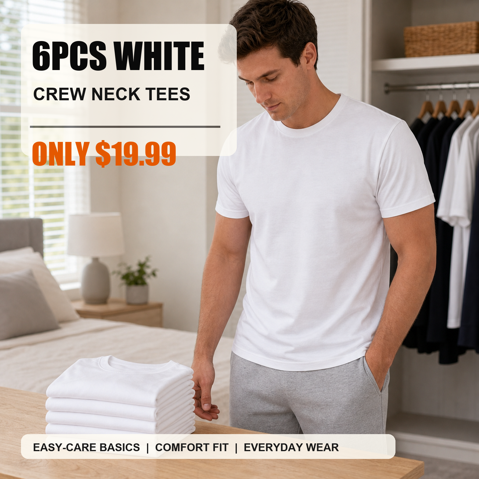 6-piece white men's crew neck basic T-shirts main image