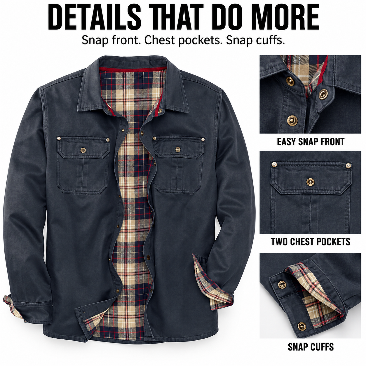 Snap front, chest pockets and snap cuff details
