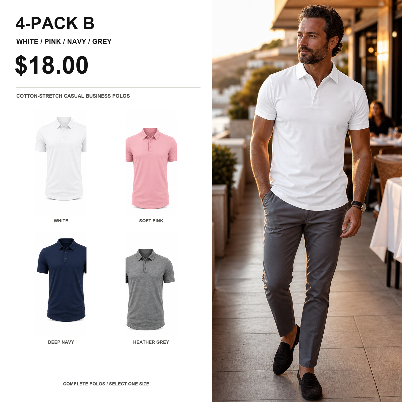 Four-pack B men's cotton-stretch casual business polos main image