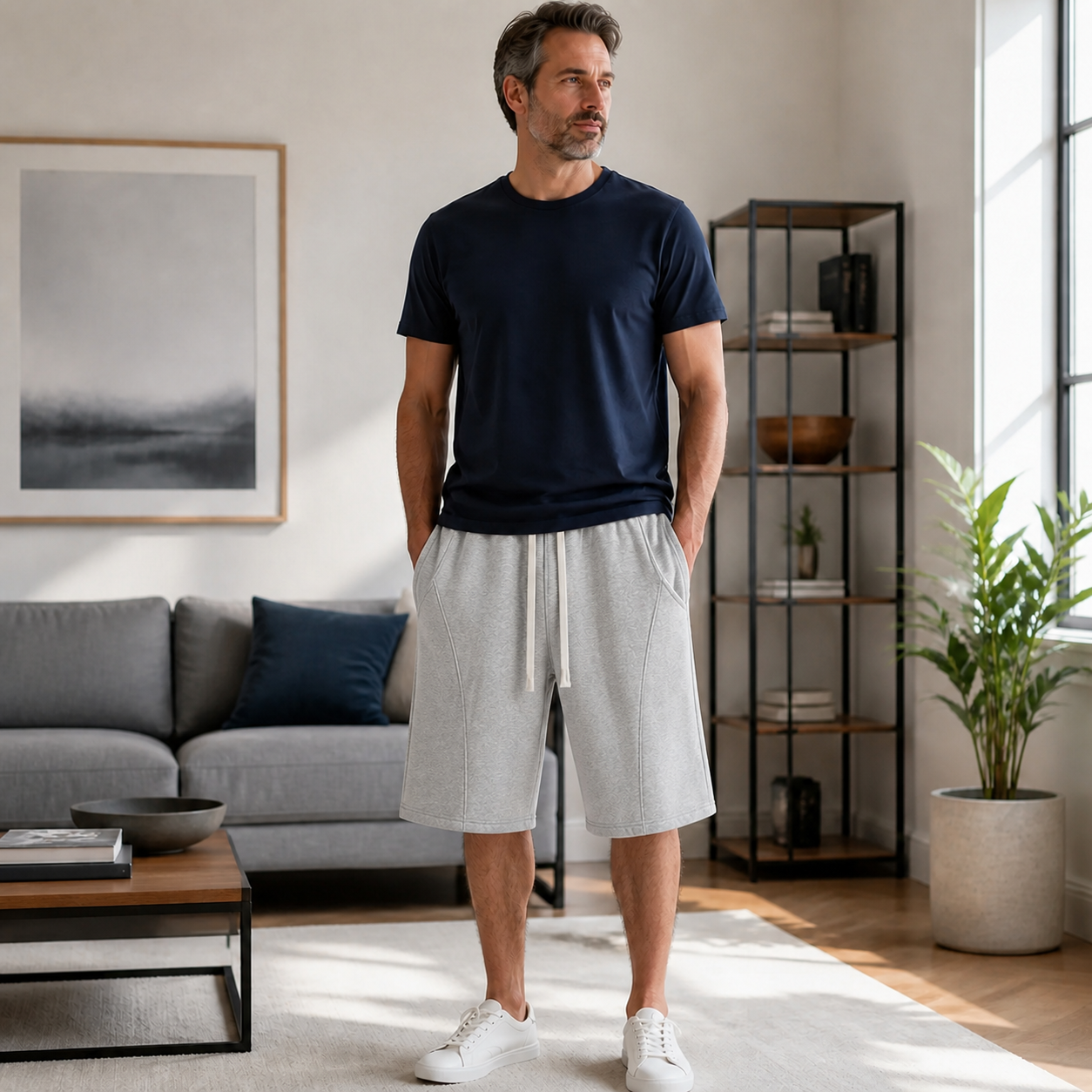 Heather gray cotton jersey lounge shorts single piece on male model