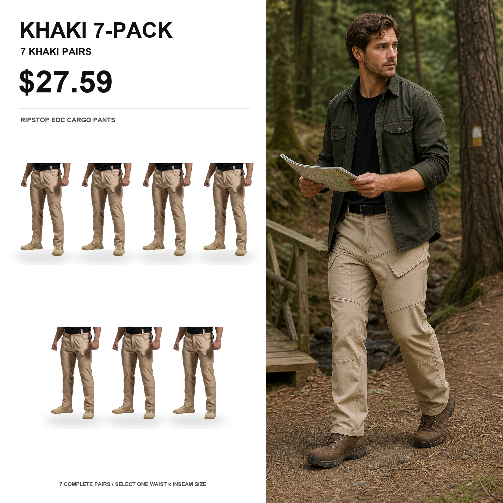 Khaki 7-pack tactical ripstop EDC cargo pants main image