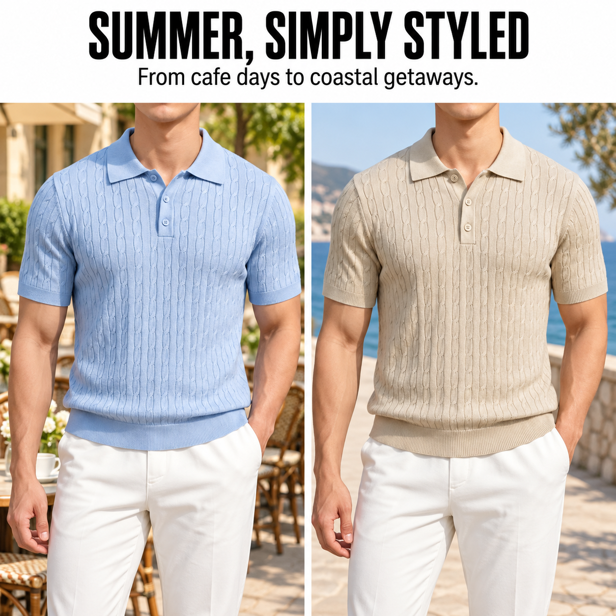 Knit polo shirts styled for cafe days and coastal getaways