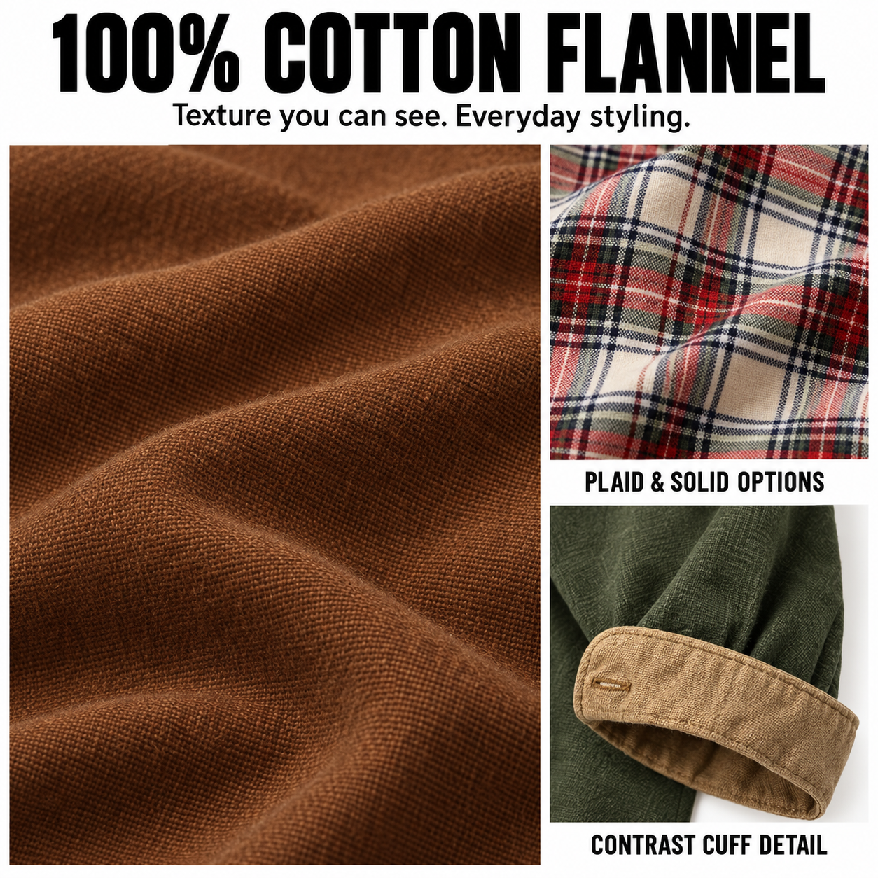 100 percent cotton flannel with solid and plaid options