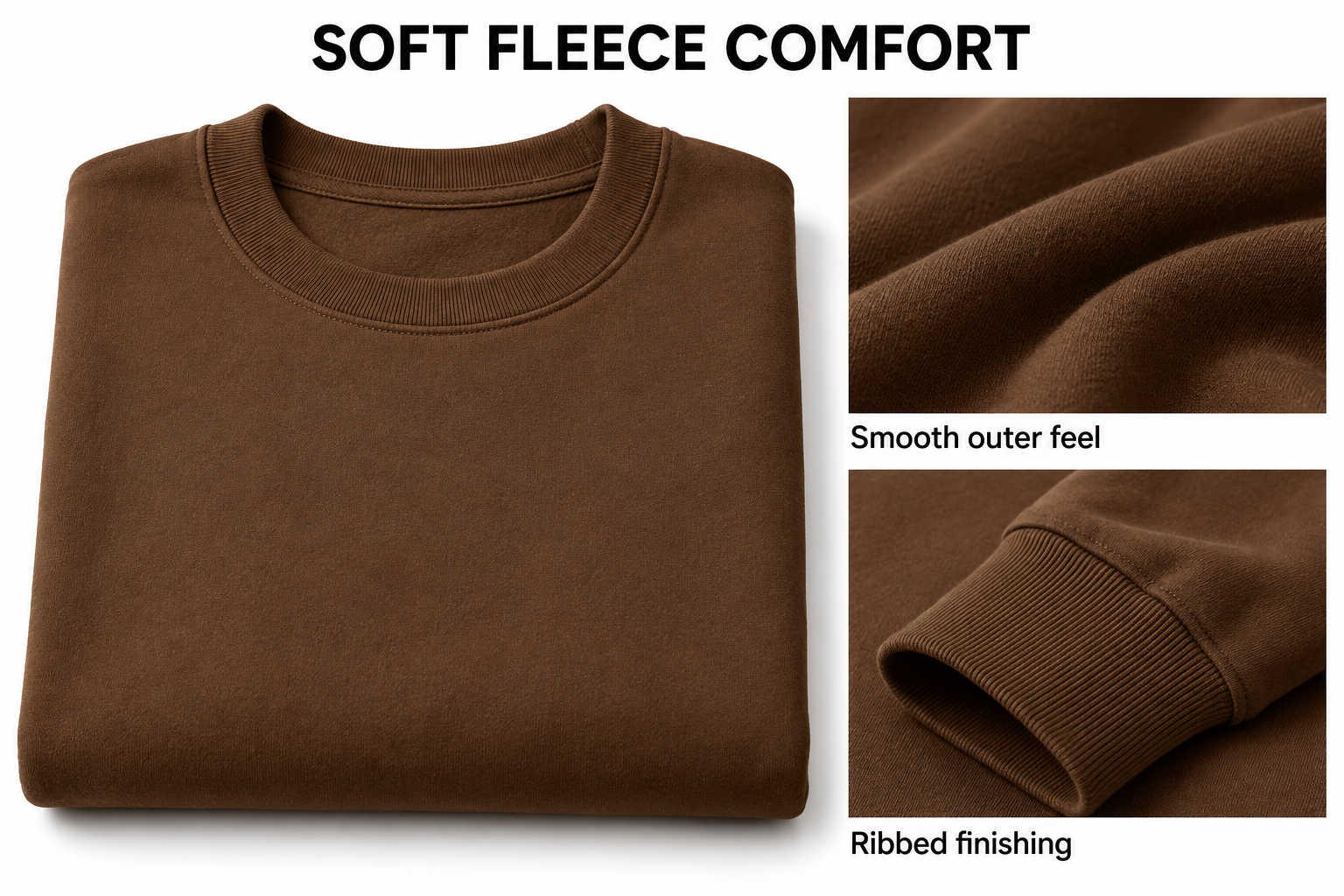 Brown fleece sweatshirt outer fabric and ribbed finishing