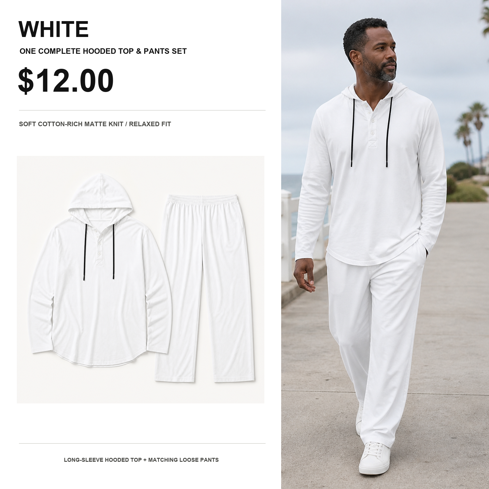 White soft cotton hooded top and matching relaxed pants set
