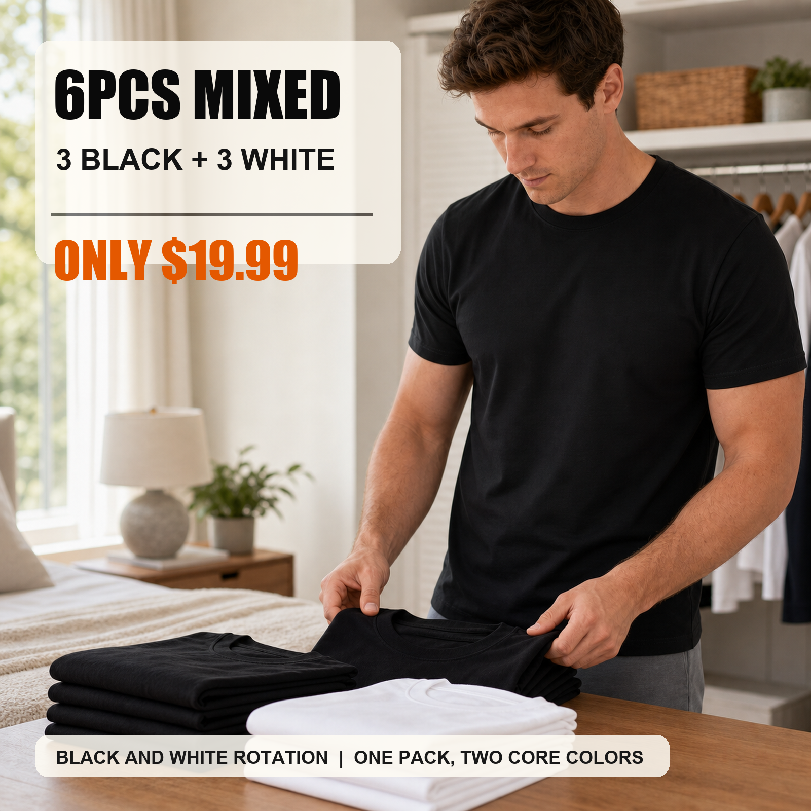 6-piece mixed black and white men's crew neck basic T-shirts main image
