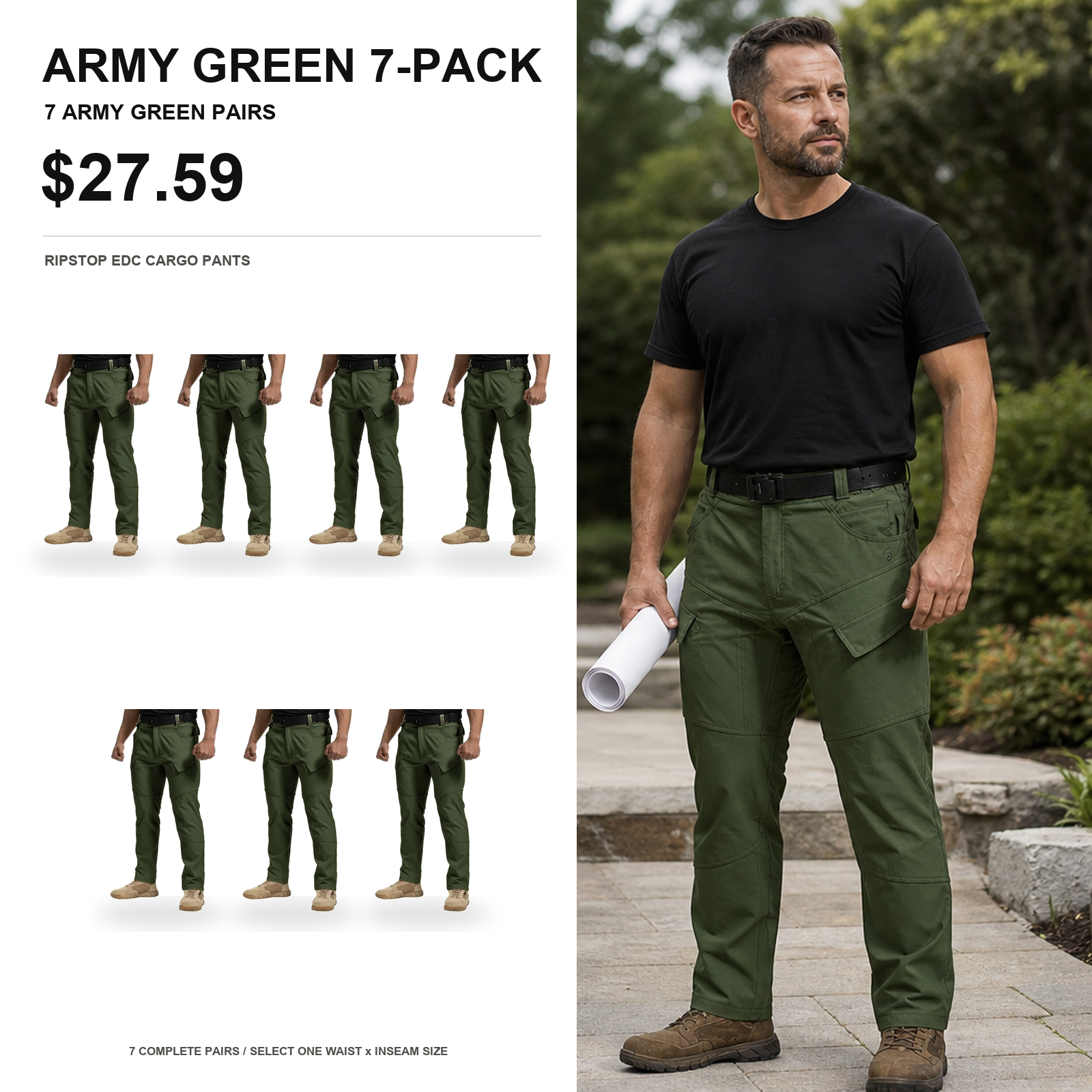 Army green 7-pack tactical ripstop EDC cargo pants main image