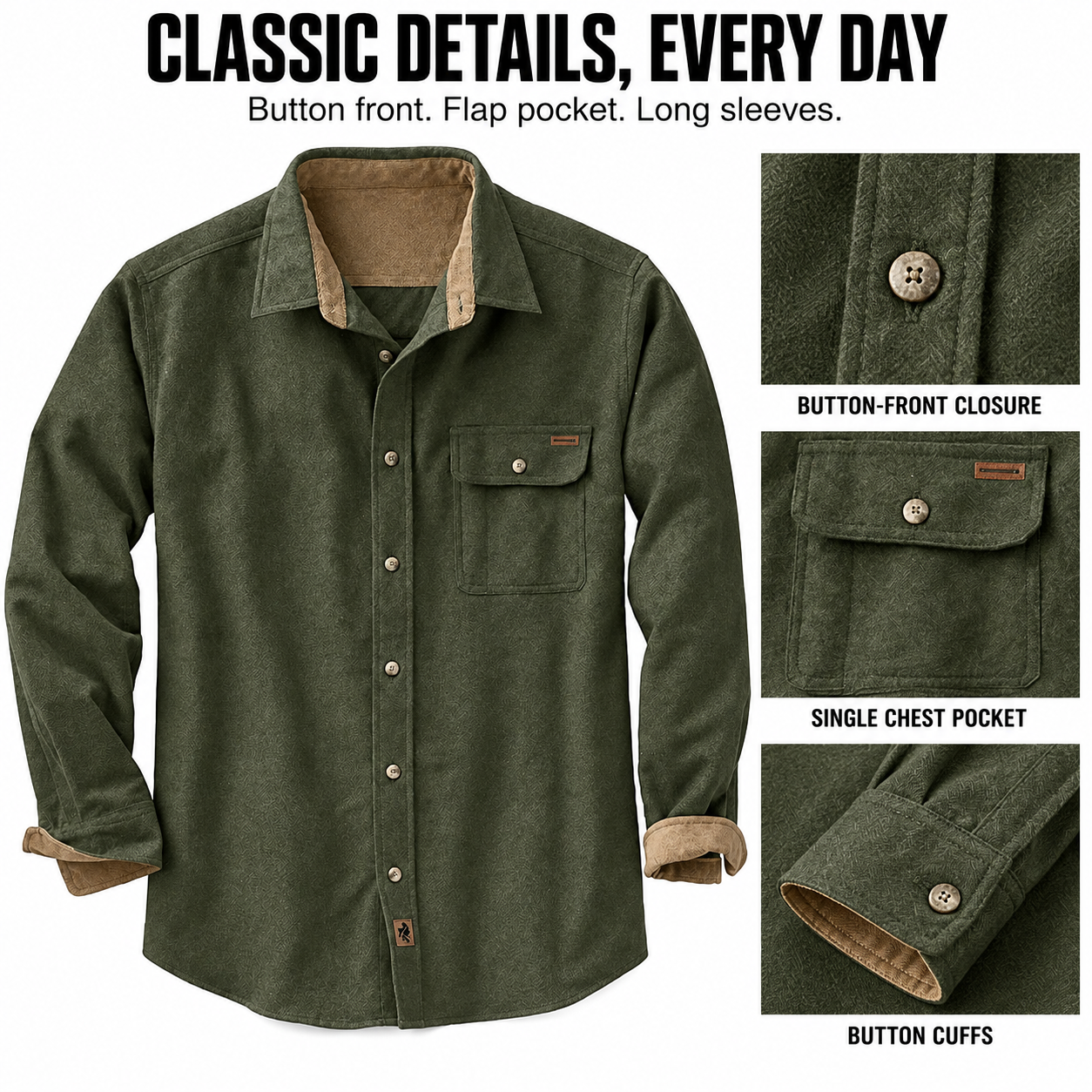 Button front, single flap chest pocket and button cuffs