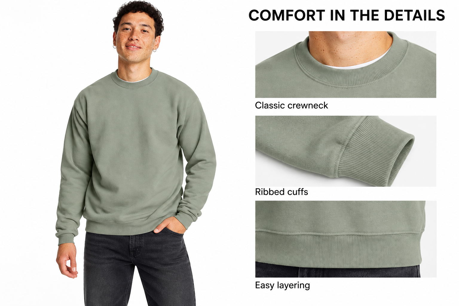 Sage crewneck sweatshirt showing neckline, cuffs and hem