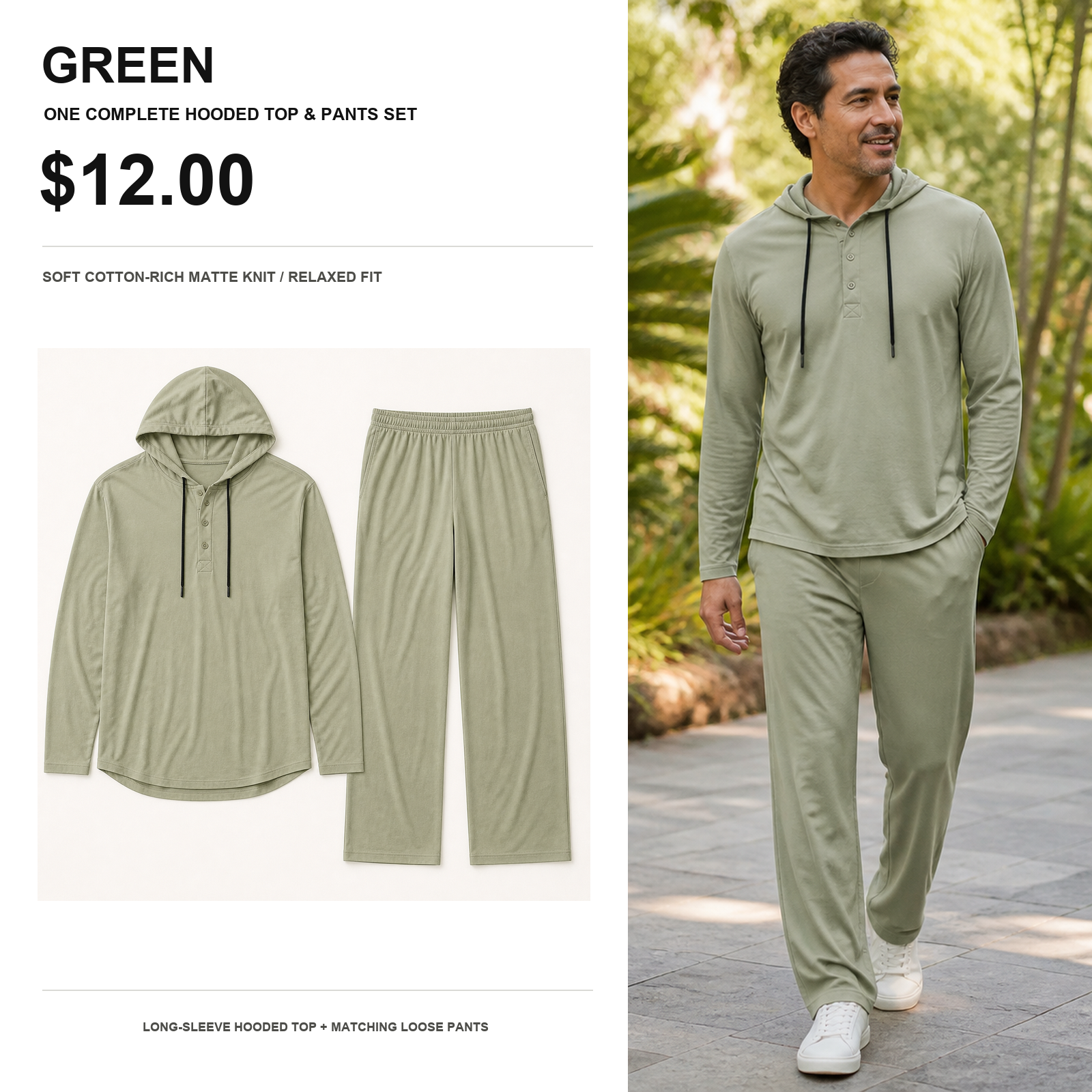 Sage green soft cotton hooded top and matching relaxed pants set