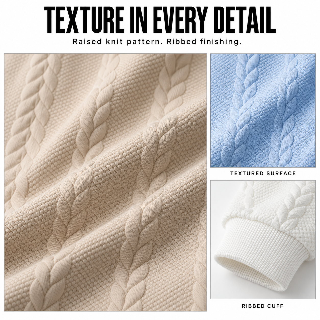 Textured knit surface and ribbed cuff details