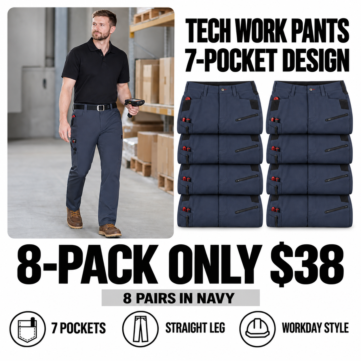 navy 8-piece tech work pants main image