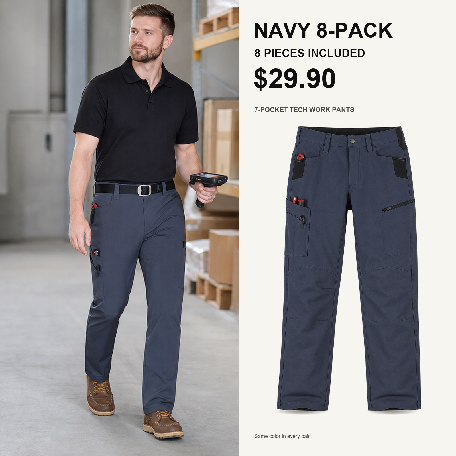 navy 8-piece tech work pants main image