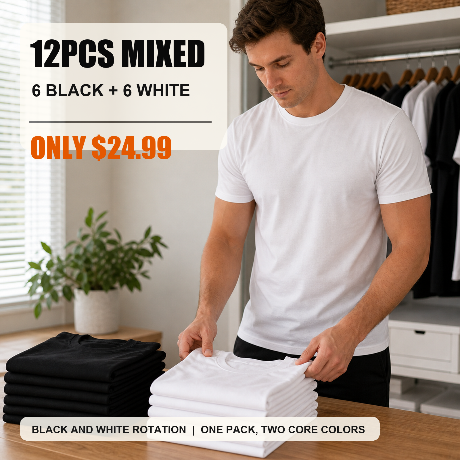 12-piece mixed black and white men's crew neck basic T-shirts main image