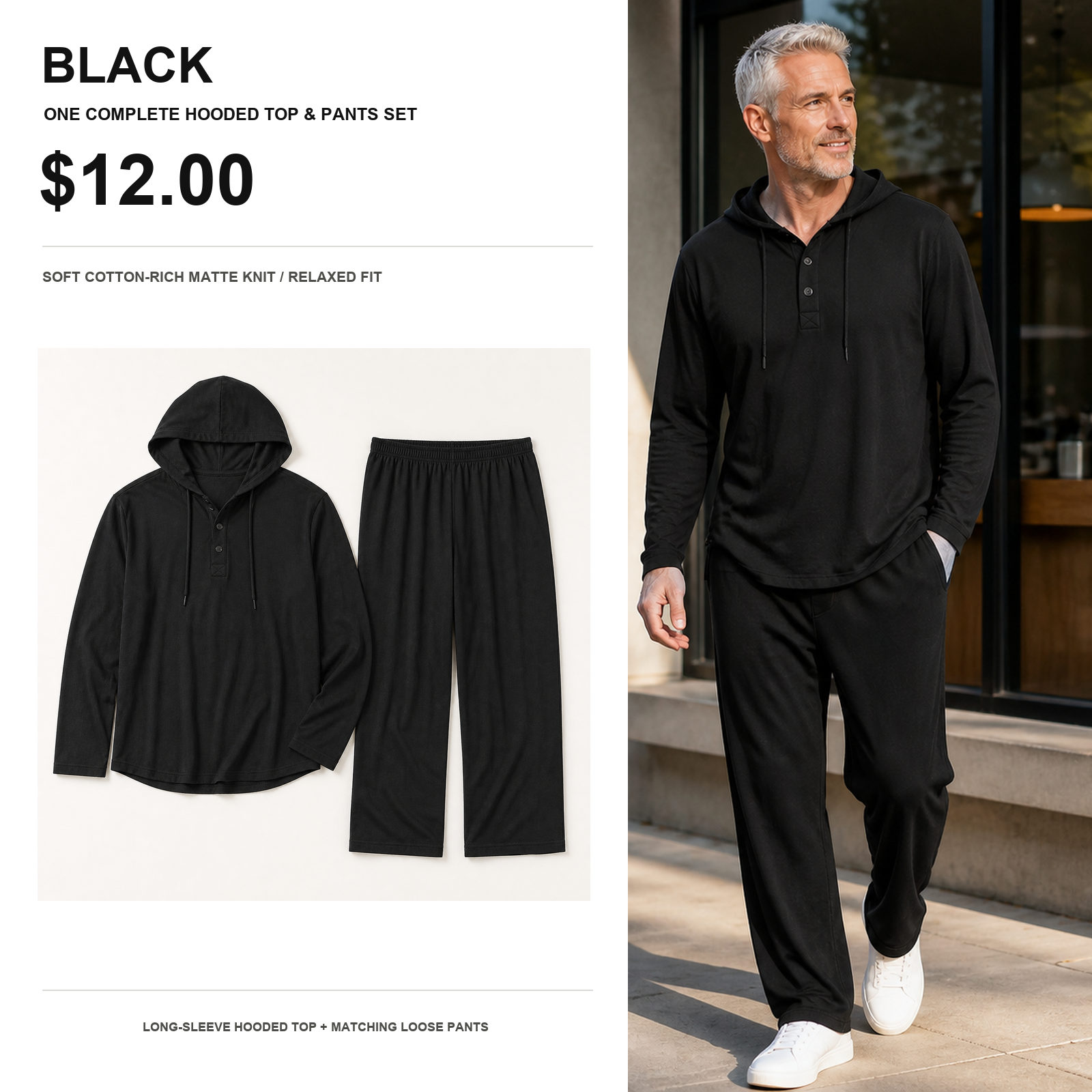 Black soft cotton hooded top and matching relaxed pants set