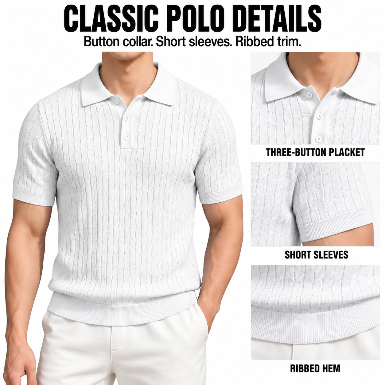 Three-button polo collar, short sleeves and ribbed hem