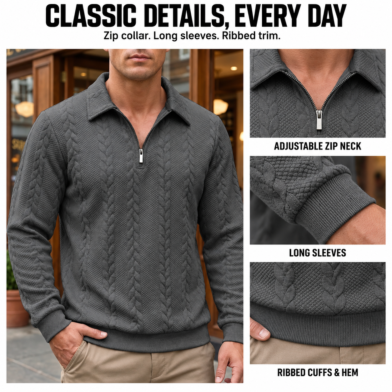 Quarter-zip polo collar, long sleeves and ribbed trim
