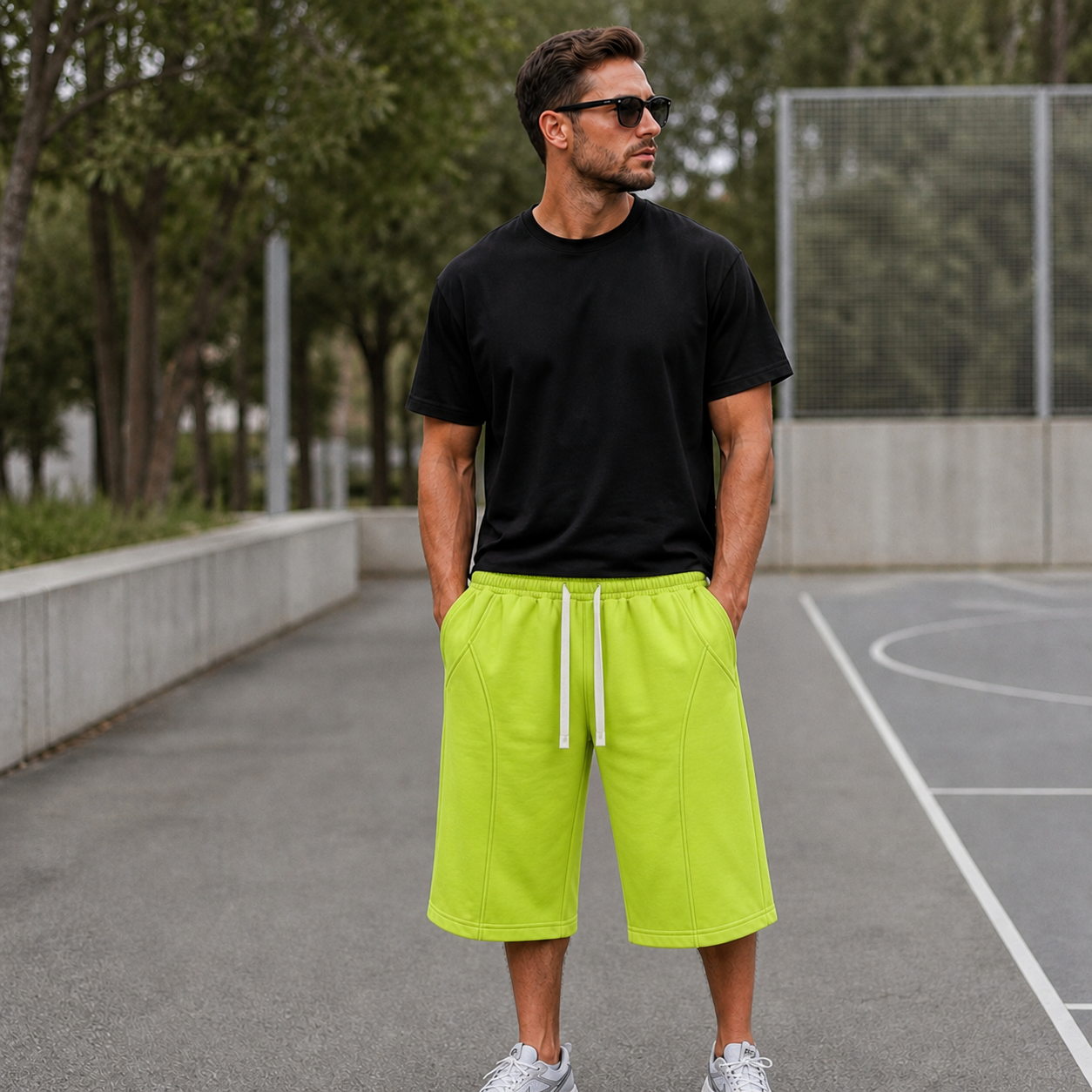 Lime cotton jersey lounge shorts single piece on male model