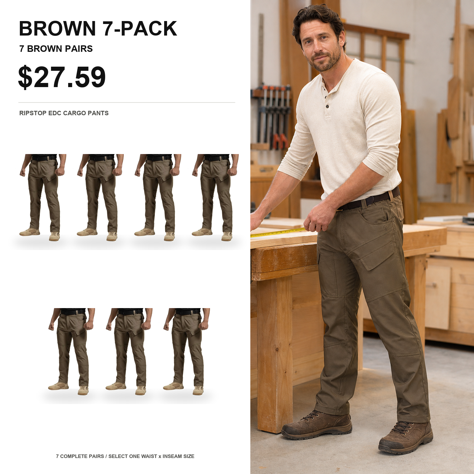 Brown 7-pack tactical ripstop EDC cargo pants main image