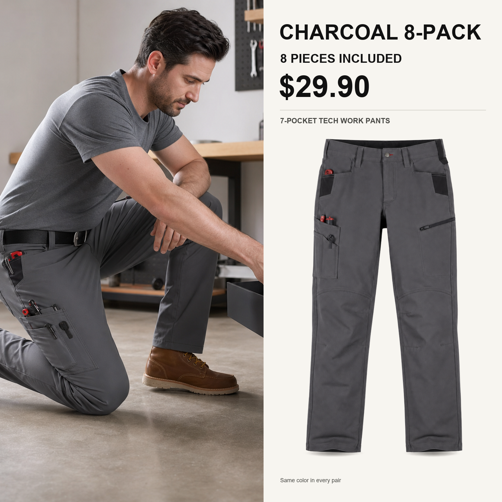 charcoal 8-piece tech work pants main image