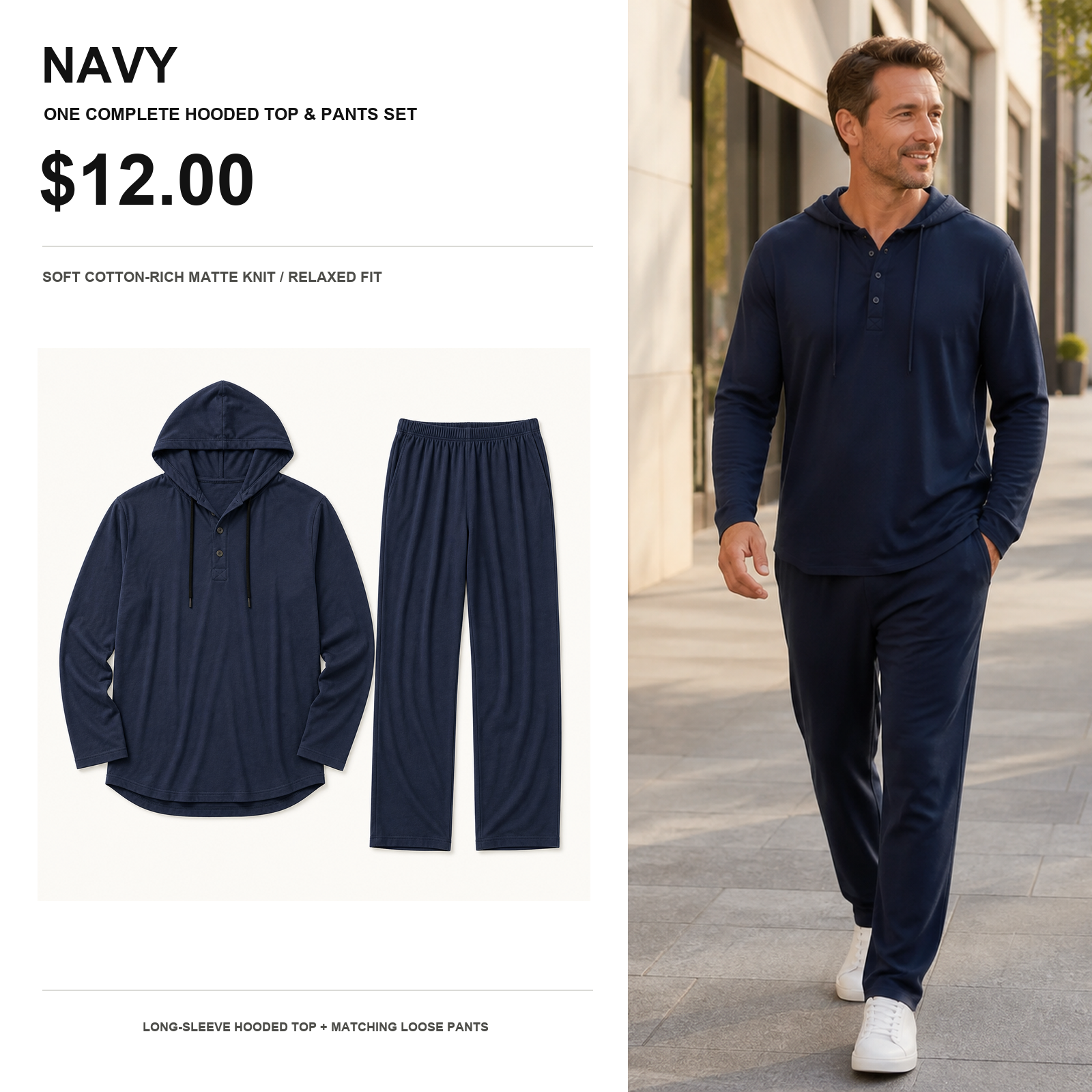 Navy soft cotton hooded top and matching relaxed pants set