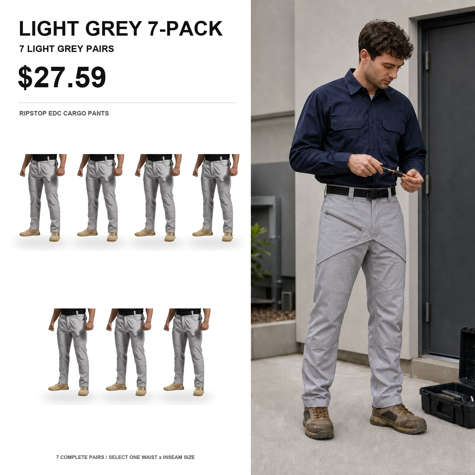 Light grey 7-pack tactical ripstop EDC cargo pants main image
