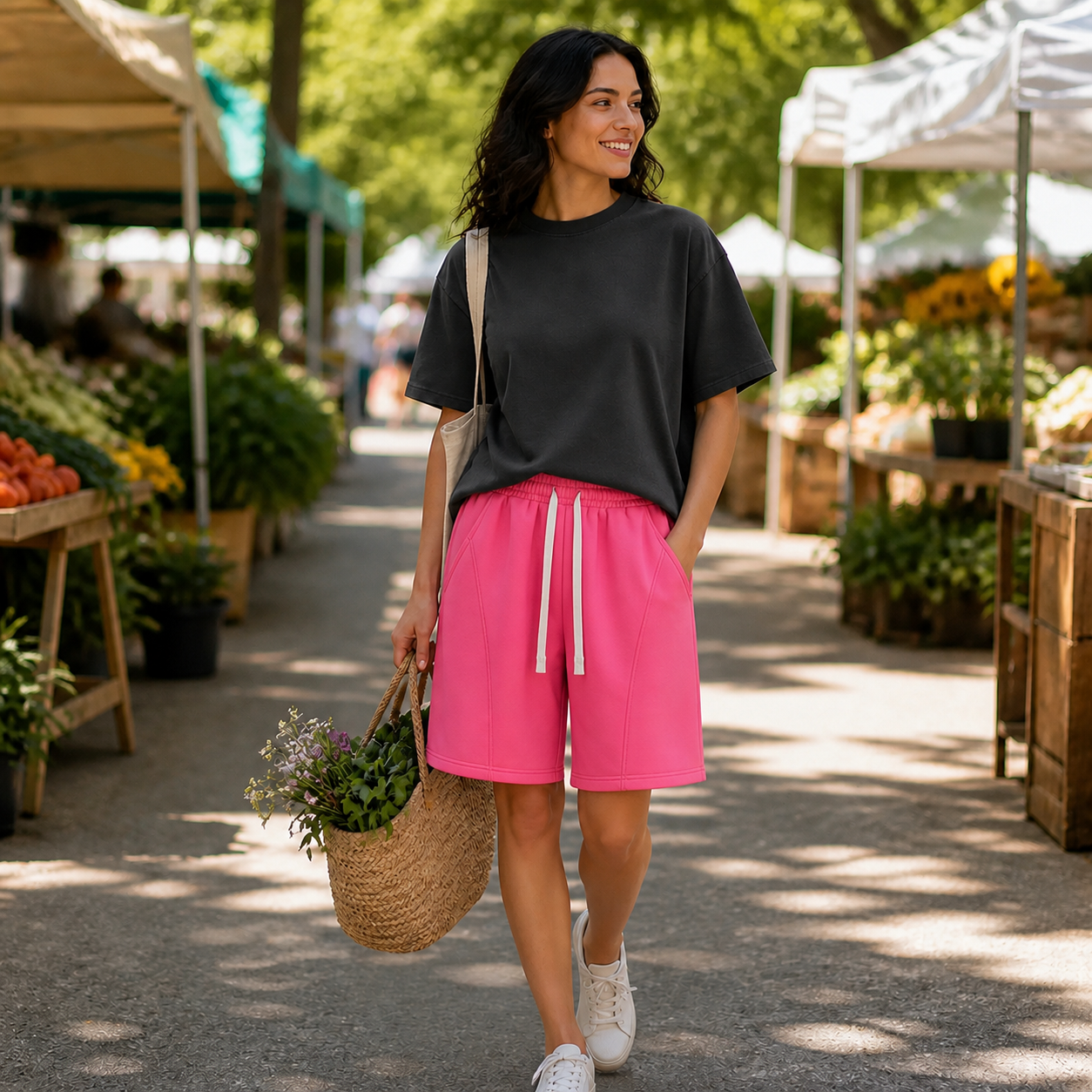 Pink cotton jersey lounge shorts single piece on female model