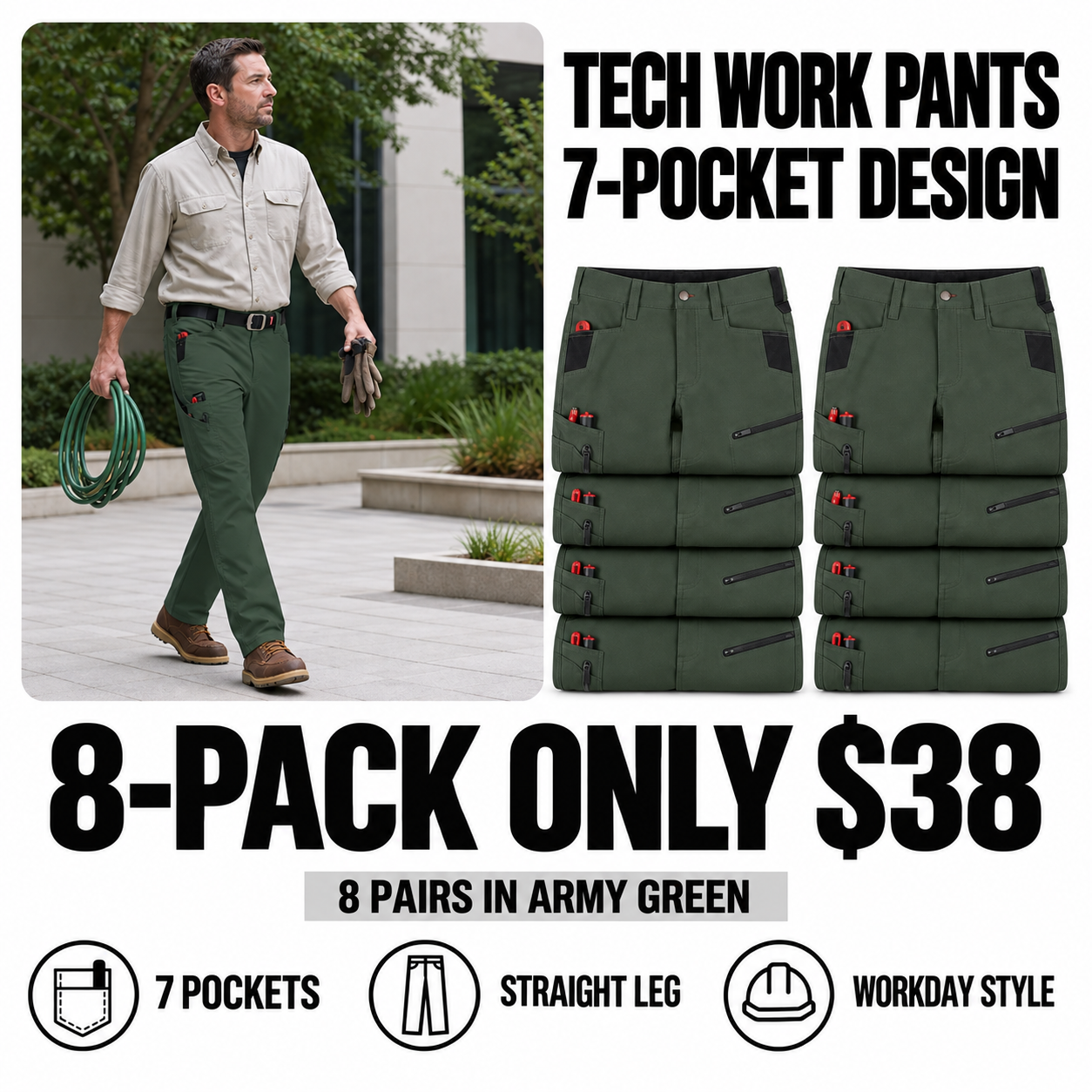 army green 8-piece tech work pants main image