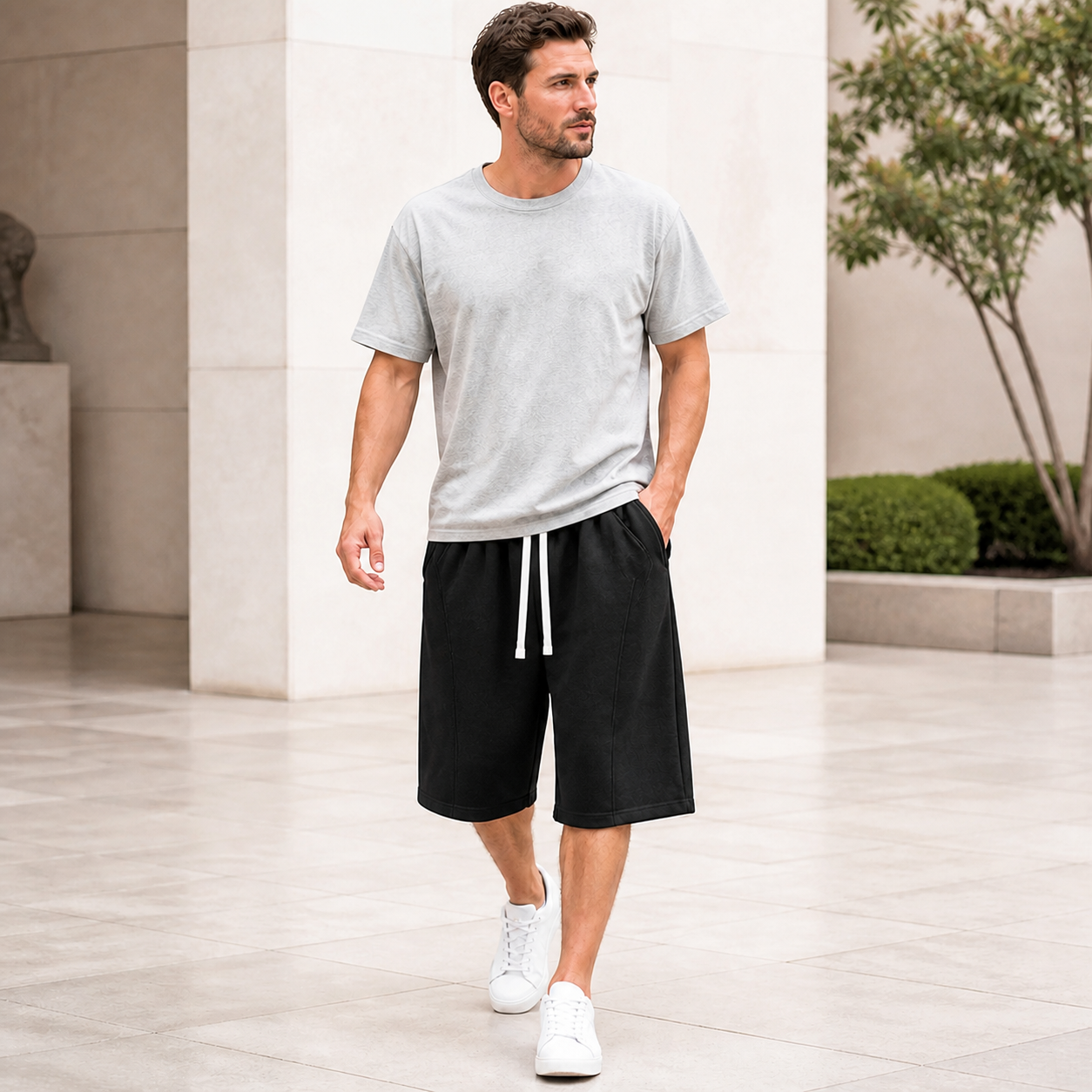 Black cotton jersey lounge shorts single piece on male model
