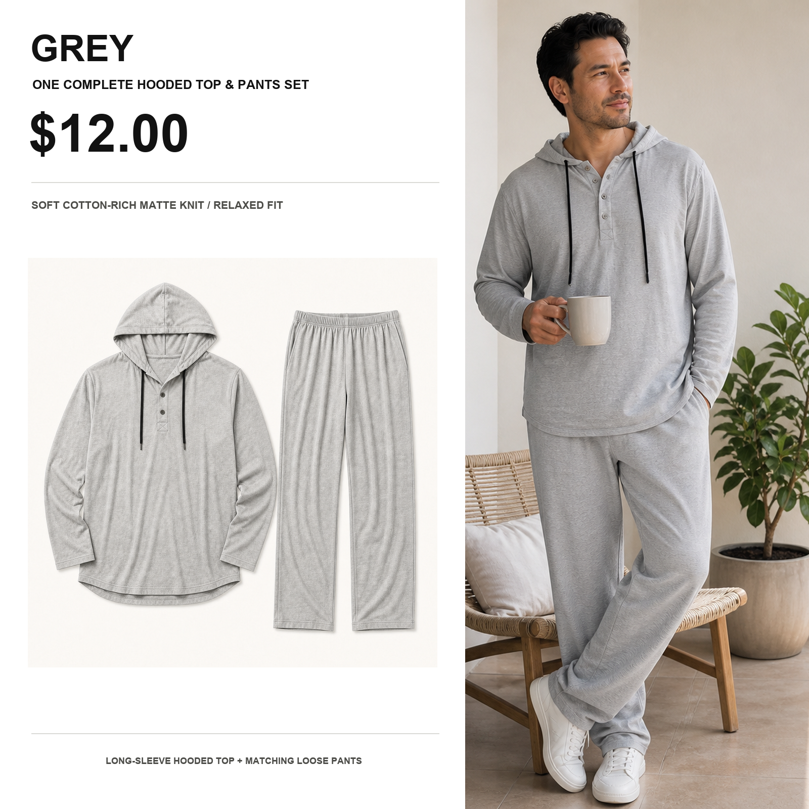 Grey soft cotton hooded top and matching relaxed pants set