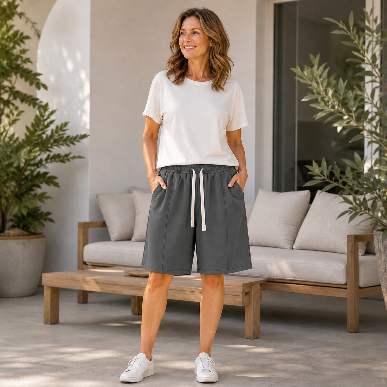 Charcoal cotton jersey lounge shorts single piece on female model