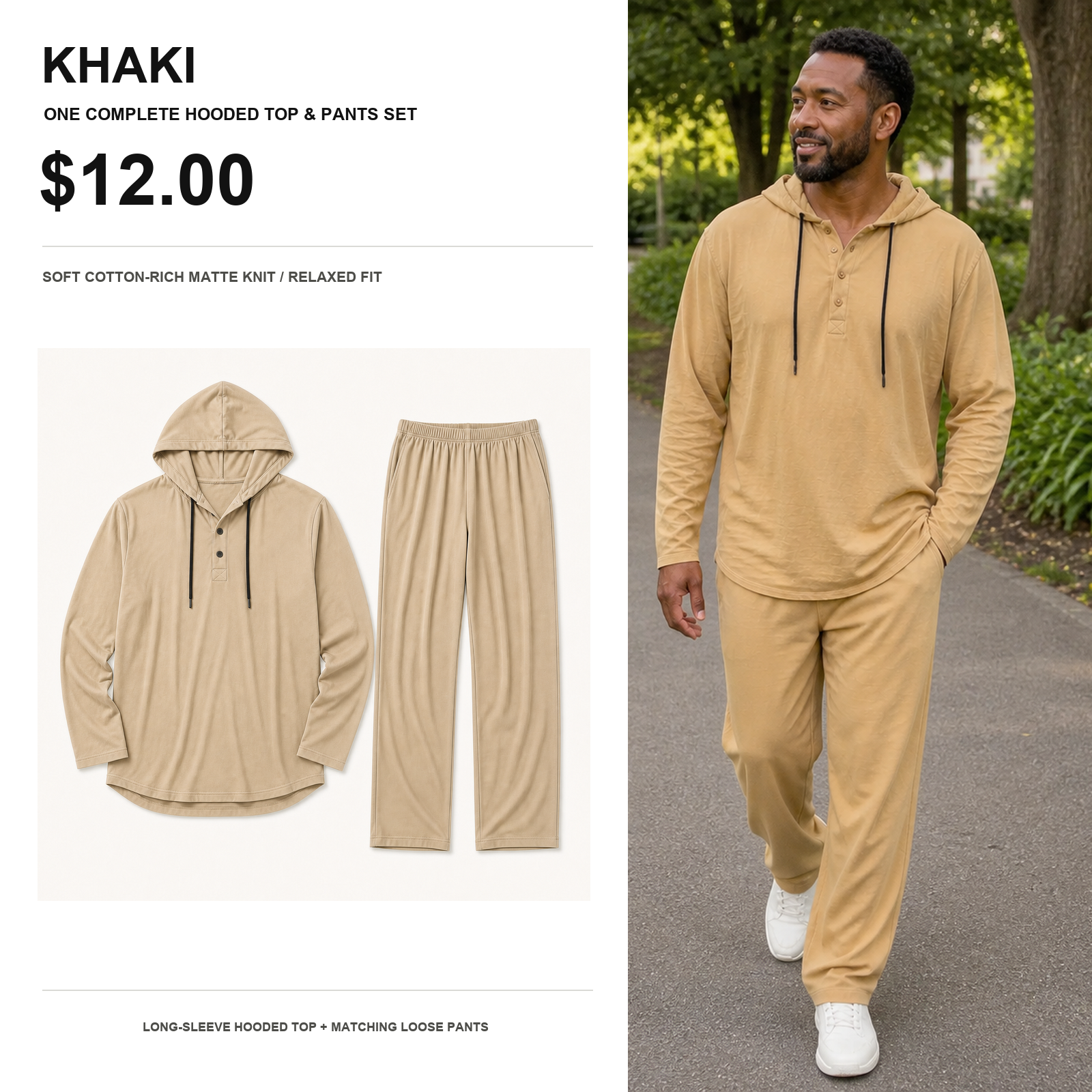 Khaki soft cotton hooded top and matching relaxed pants set
