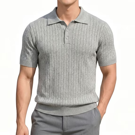 Short Sleeve Knit Golf Shirts for Men 2026 Summer Polo Collar Cable Knit Stretchy Casual Vacation Beach Tops