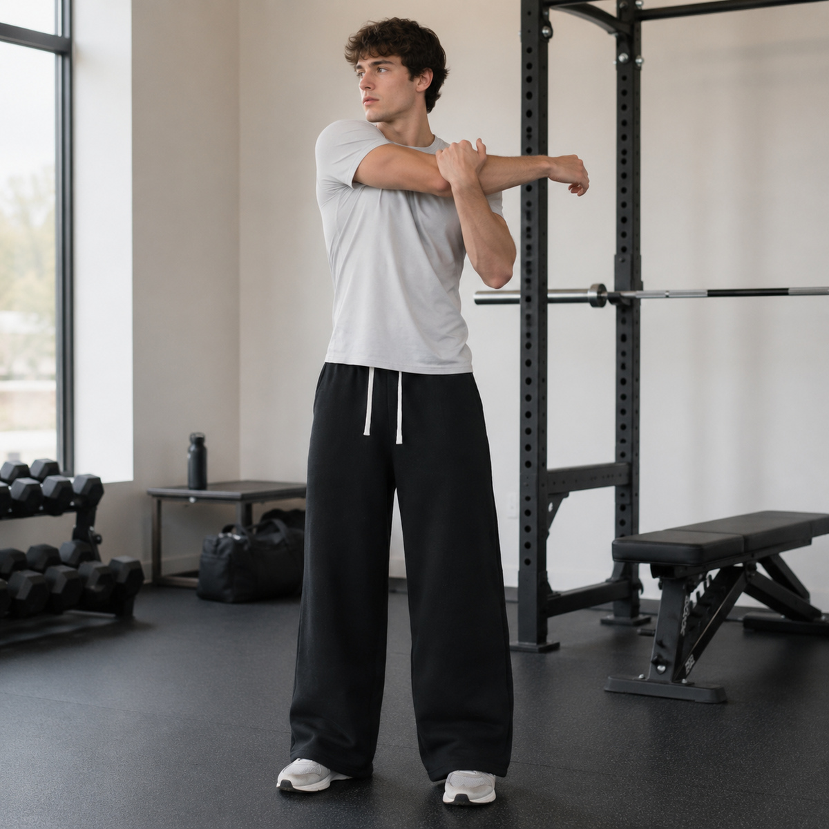 Wide-leg sweatpants worn in a clean gym