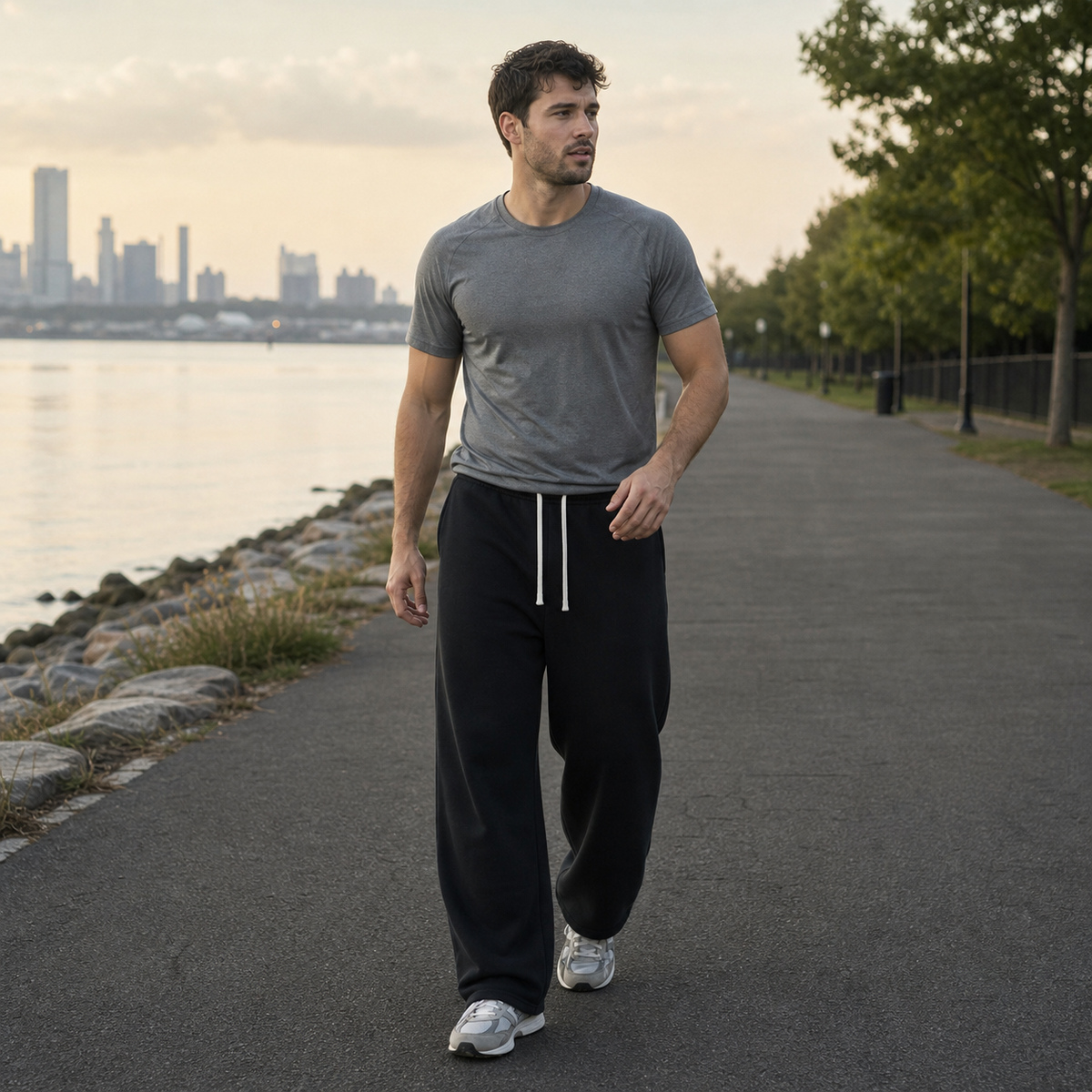 Wide-leg sweatpants worn for light running
