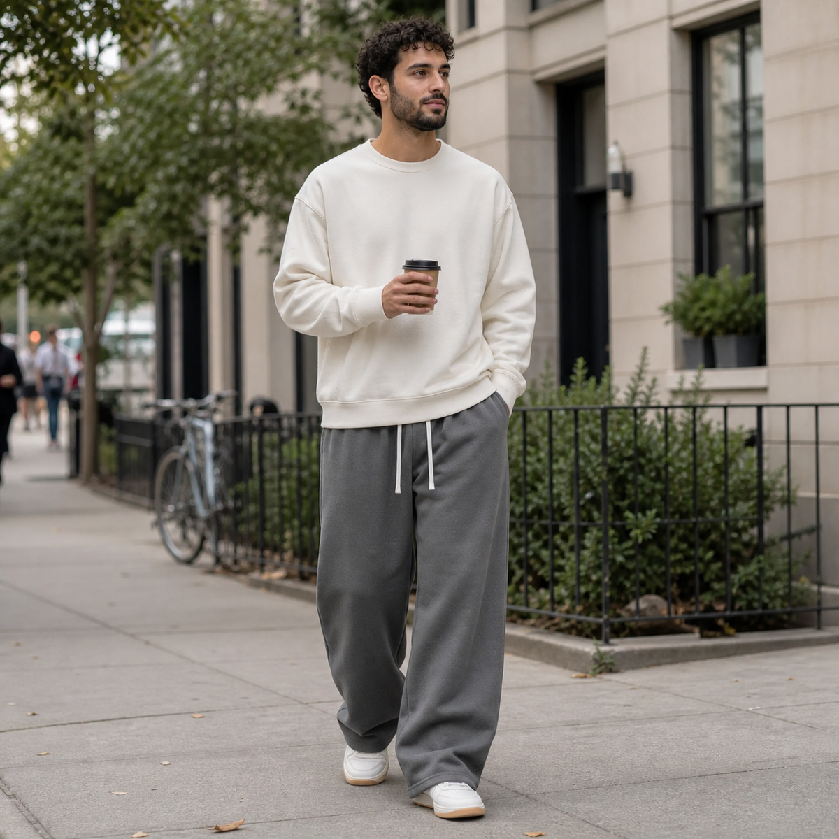 Wide-leg sweatpants worn for city daily use