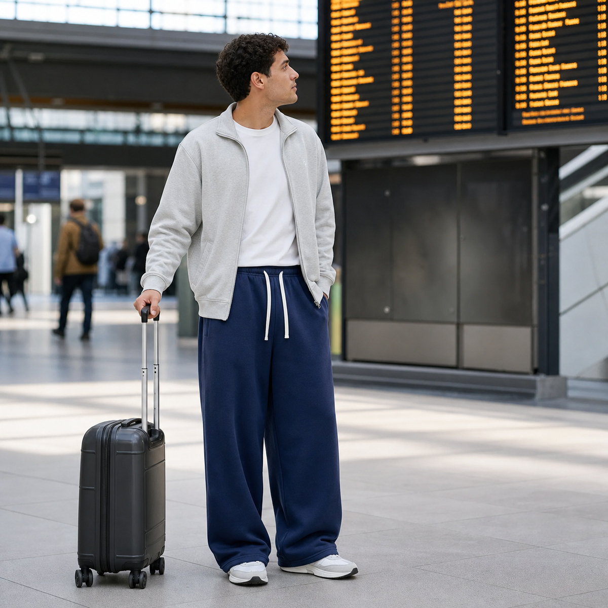 Wide-leg sweatpants worn for travel
