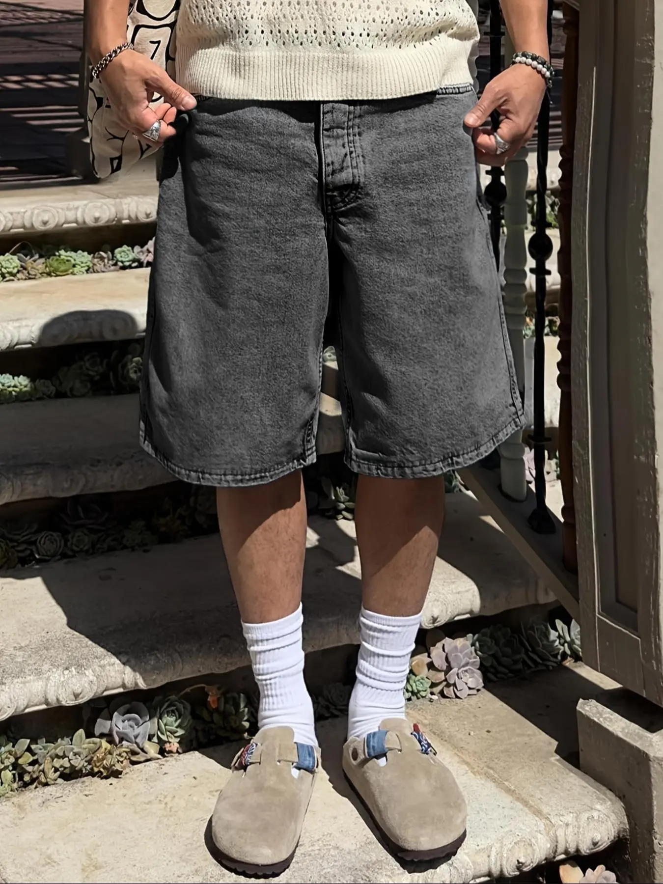 Men's solid color denim dad shorts