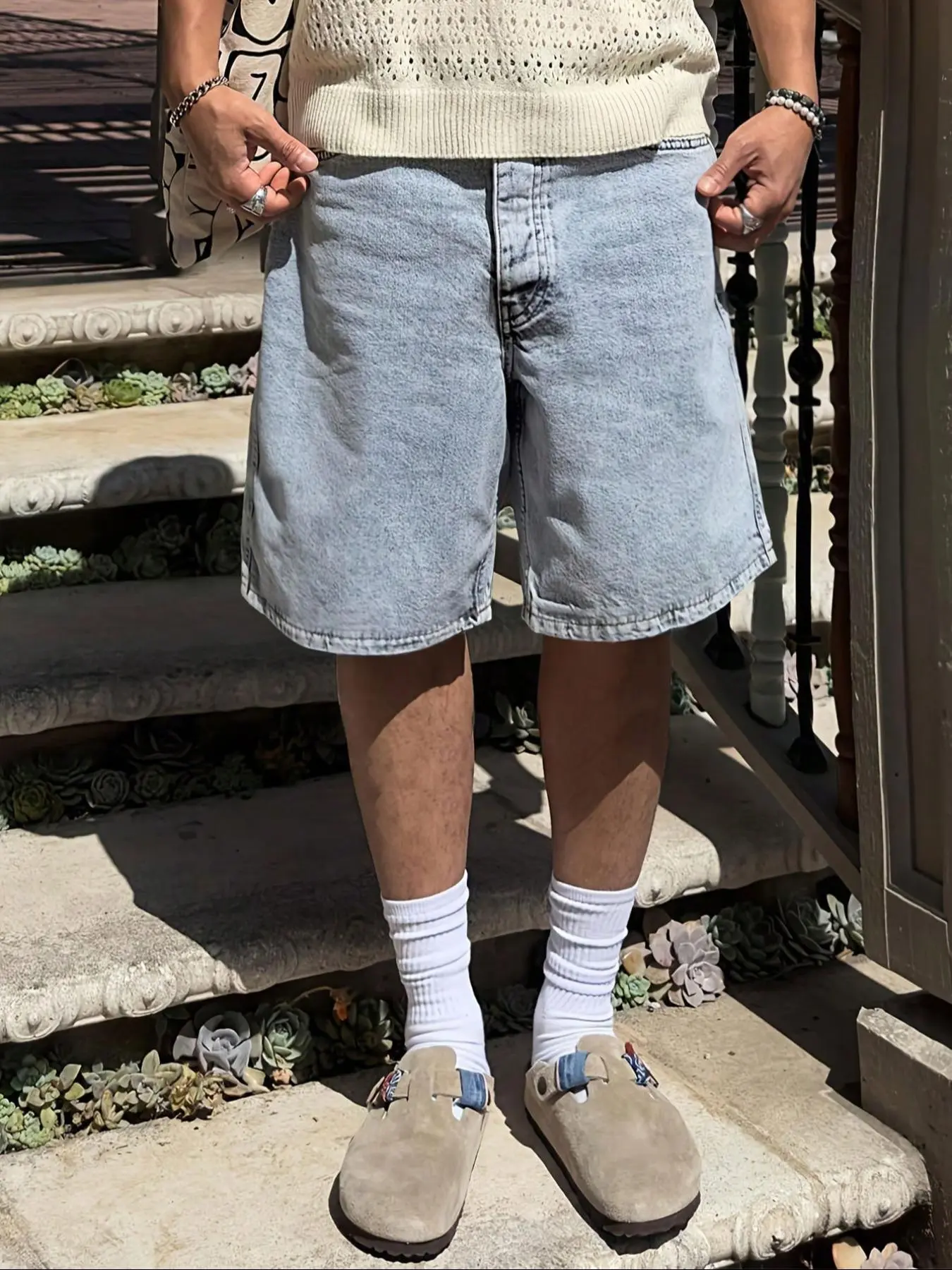 Men's solid color denim dad shorts