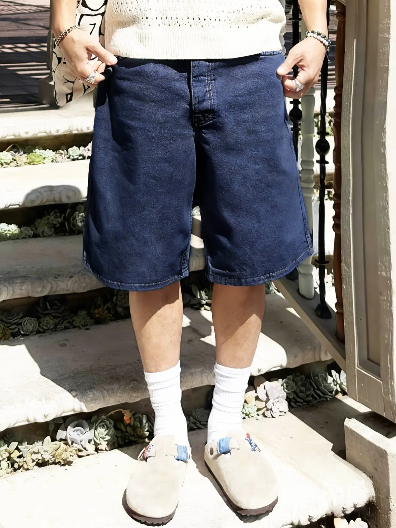 Men's solid color denim dad shorts